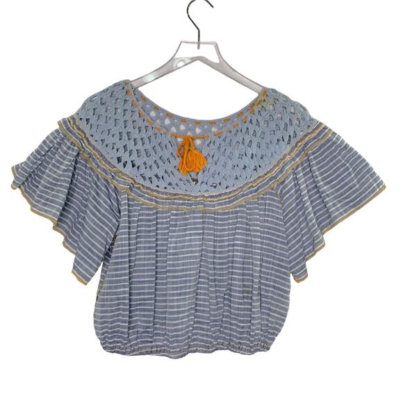 Free People S Womens Blue Allora Striped Blouse Crochet Detail Peasant Boho - Picture 2 of 10